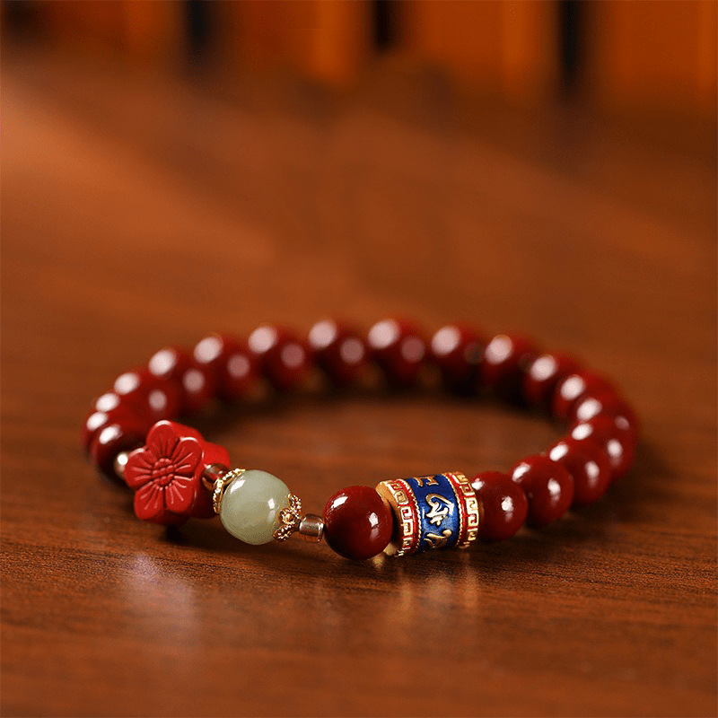 Cinnabar & Mani Mantra Bracelet with Flower Charm - Buddha Nature