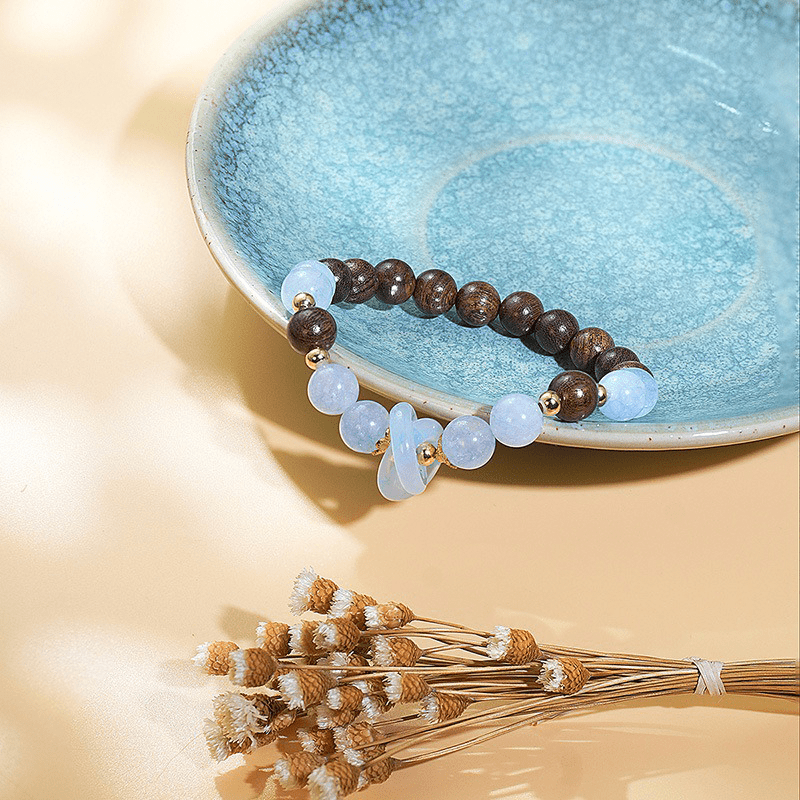 Ice Blue Aquamarine & Golden Sandalwood Bracelet - Buddha Nature