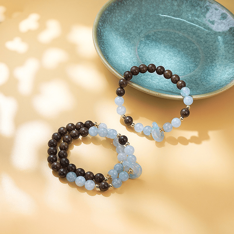 Ice Blue Aquamarine & Golden Sandalwood Bracelet - Buddha Nature