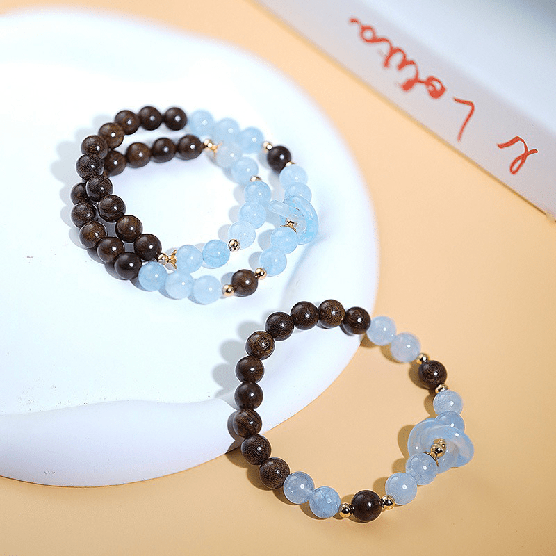 Ice Blue Aquamarine & Golden Sandalwood Bracelet - Buddha Nature