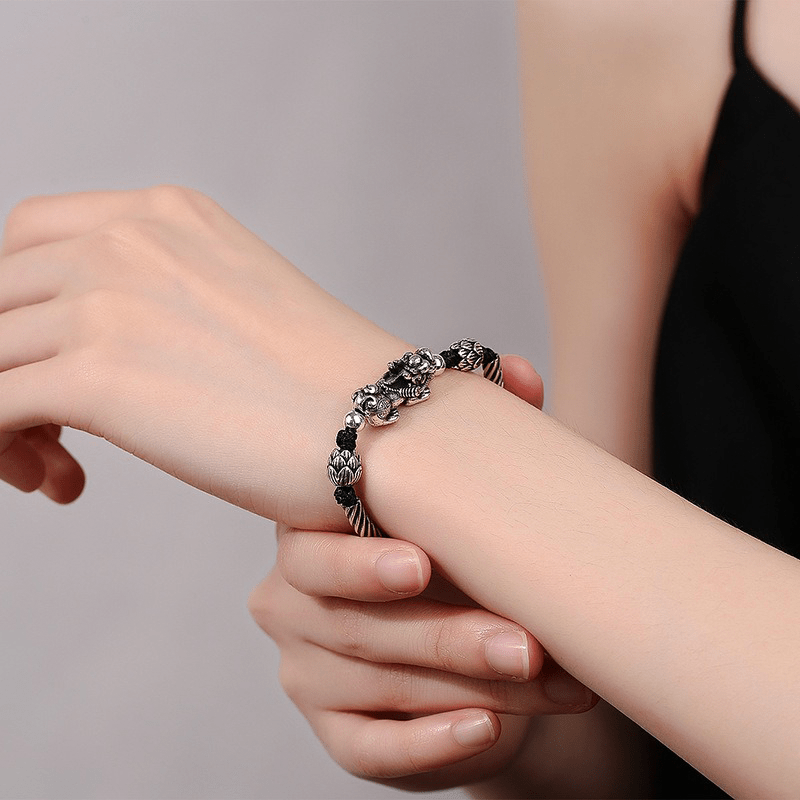 Silver - plated Pixiu & Lotus Bracelet - Buddha Nature